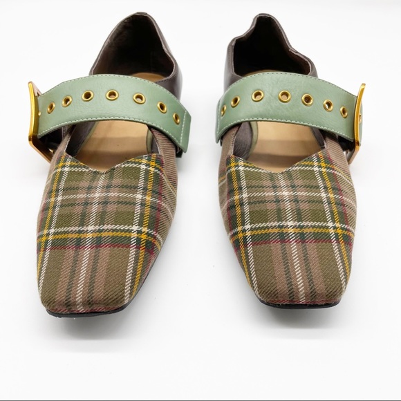 Beau Today Plaid Belt Square Toe Flat Loafers Brown Green Size 37 - Picture 3 of 11